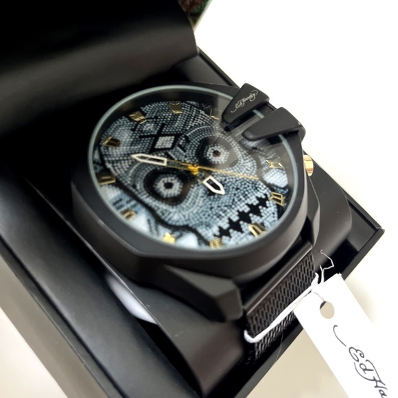 ED HARDY Oversized Skull Beaded Dial Wristwatch Gray Black Mesh Strap Watch - Picture 3 of 7